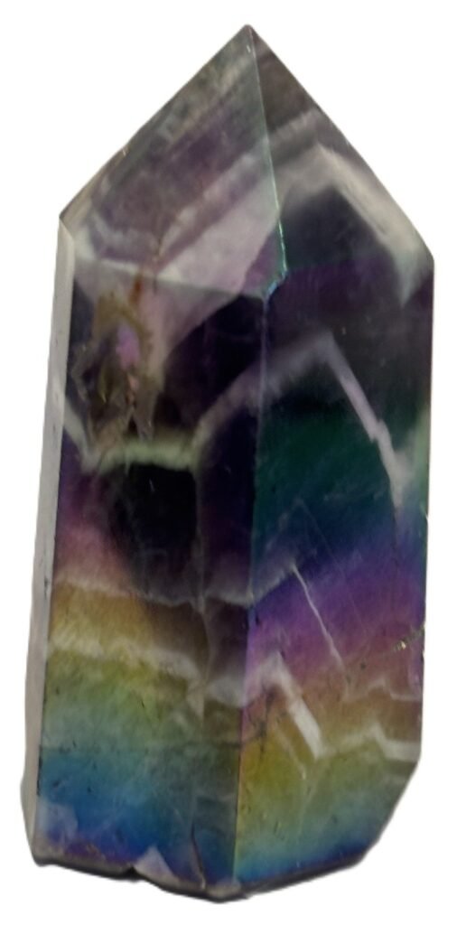 Polished rainbow amethyst aura quartz generator point showing iridescent green violet and gold metallic sheen over natural chevron banding